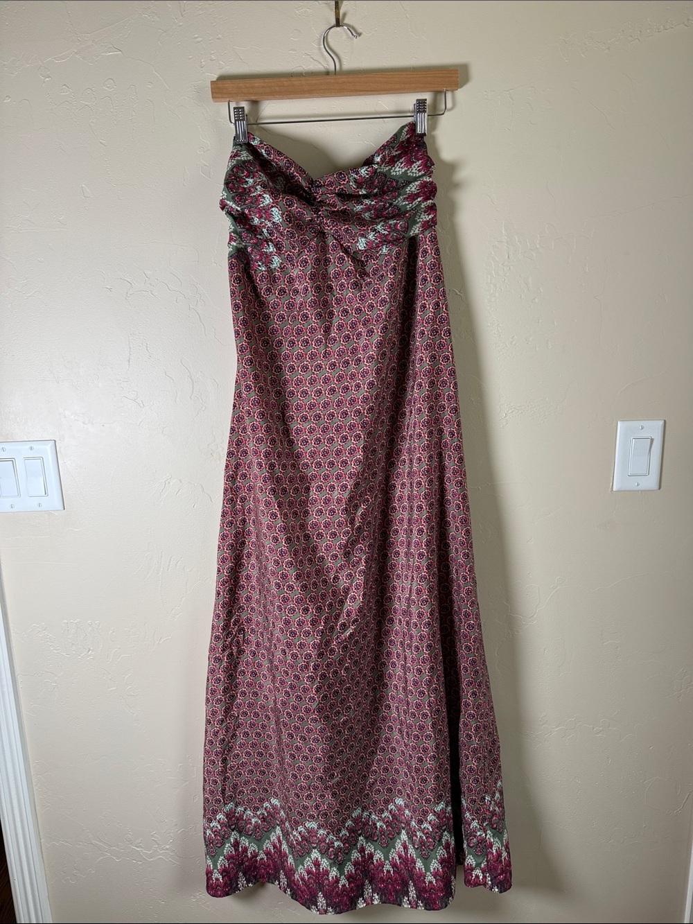 attention Pink and Olive Patterned Strapless Maxi